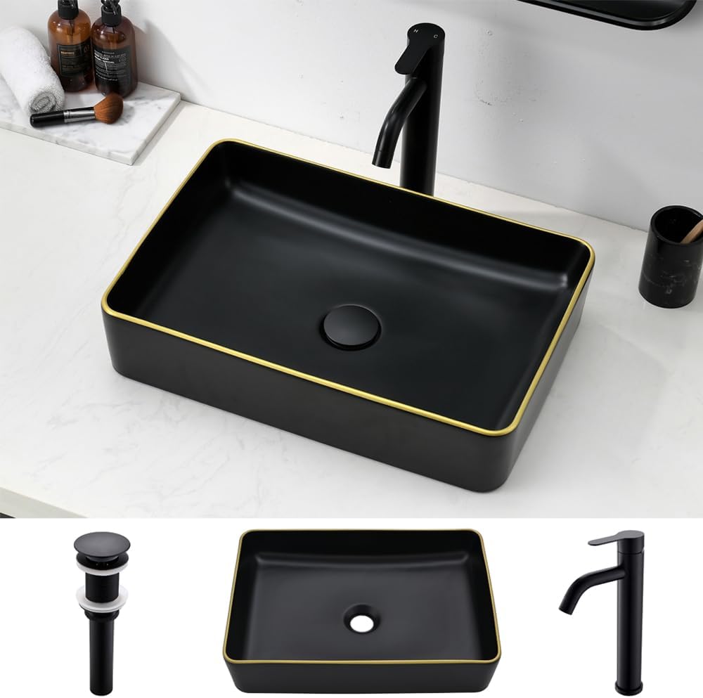 19 Inch White Vessel Sink With Faucet - HLBLFY 19x15 Rectangular Bathroom Sinks Above Counter White Sink Bathroom Ceramic Art Basin