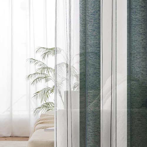 EMEMA Eyelet Sheer Striped Curtains Voile Curtains Living Room Modern Set of 2 Curtains Bedroom Transparent Pattern Striped Curtain Semi-Transparent 140 x 245 cm White and Green - Image 4