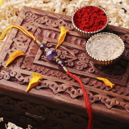 Image of Shubhanjali Crystal Beads Rakhi for Brother | Handmade Healing Crystal Stone Designer Rakhi for Bhaiya | Raksha Bandhan Gift Set with Roli Chawal, Kumkum, Greeting Card & Potli