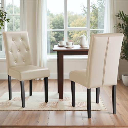 Image of Furmax Ergonomic Dining Chairs Set of 2, PU Leather Dinning Room Chairs, Button Tufted Kitchen Chairs with Adjustable Wood Legs for Kitchen Living Room (Leather Beige, 2)