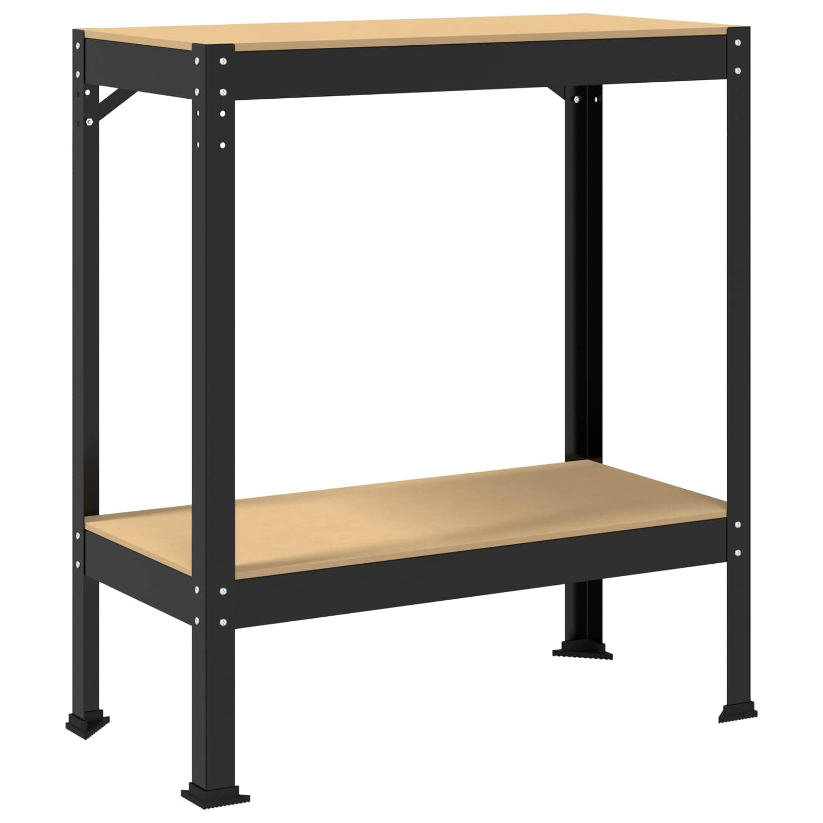 Banco de trabajo con estante negro de madera contrachapada y metal, 81 x 41 x 91 cm, superficie de trabajo estable con cajón y pared perforada para taller, garaje, sala de ocio y bricolaje
