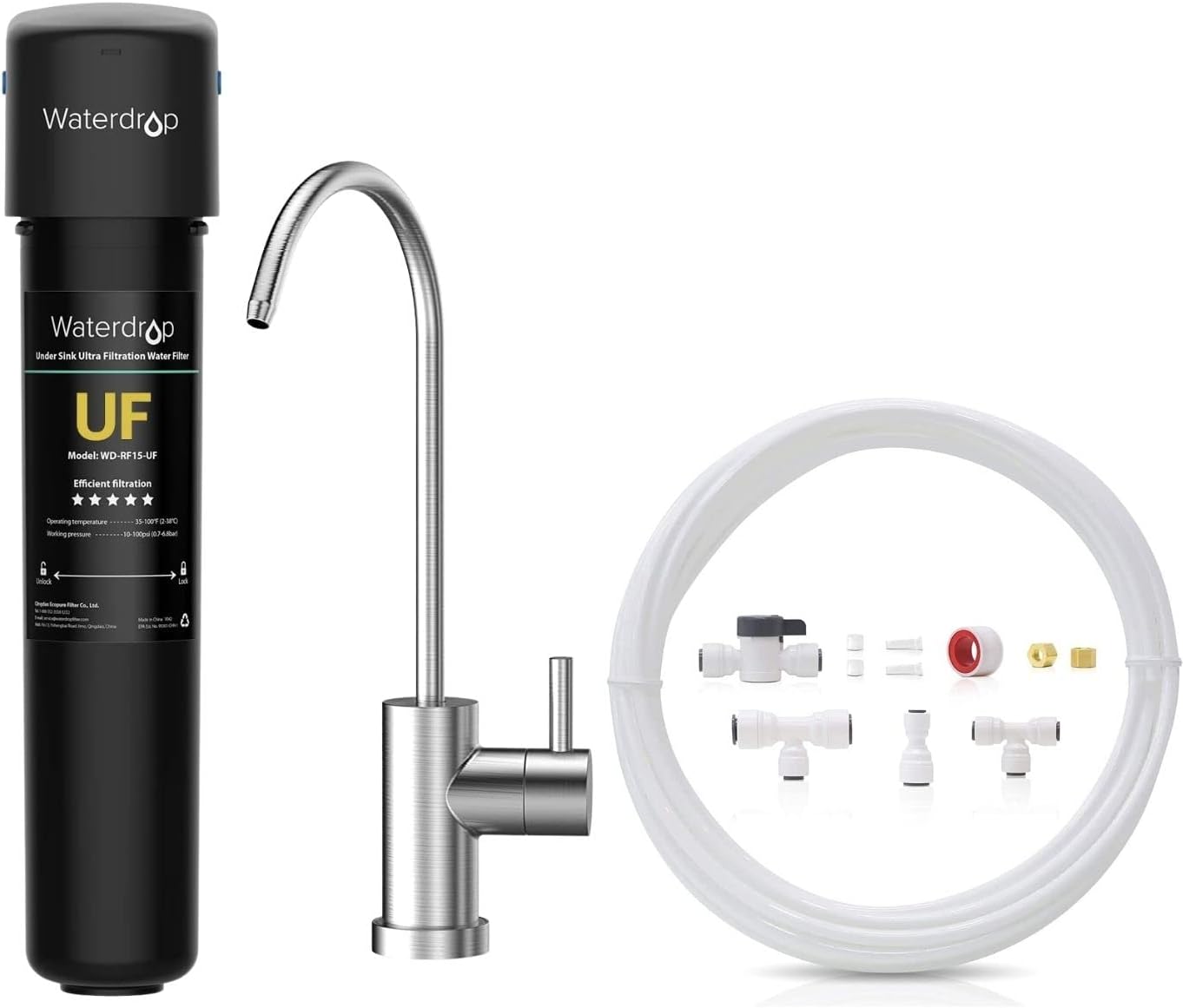 Waterdrop 15UB-UF 0.01 μm Ultra Filtration Under Sink Water Filter System and Waterdrop KITB 1/4" Water Line Connection Kit, Connect it to Fridge/Ice Maker