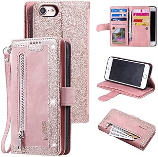UEEBAI Wallet Case for iPhone SE 2022 5G/iPhone 7/iPhone 8/iPhone SE 2020, Retro 9 Card Holder Slots Zipper Pocket Handbag Case PU Leather Magnetic Kickstand Wrist Strap Flip Case for SE3/SE2 - Blue