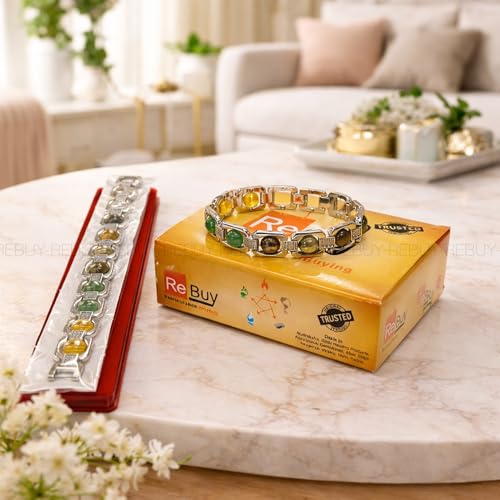 Image of REBUY Dhan Yog Bracelet for Men & Women | Certificate of Authenticity Natural Crystal Pyrite, Clear Quartz, Citrine Aventurine, Green Jade, Tiger Eye Stone Attracts Wealth & Money Magnet Bracelet