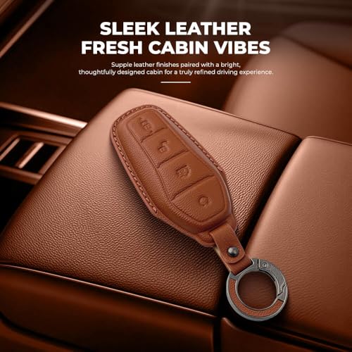 Image of Keyzone Premium Leather Key Cover & AC Vent Car Perfume Combo (4 Fragrances) | Compatible for BYD Seal, Atto3 4 Button Smart Key. (Brown)