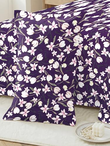 Image of RD TREND Premium Soft Cloud Cotton Floral Bedsheet for Double Bed | Size-90x90 Inches Queen Bedsheets with 2 Matching Pillow Covers (18x28 Inch) Plum Purple