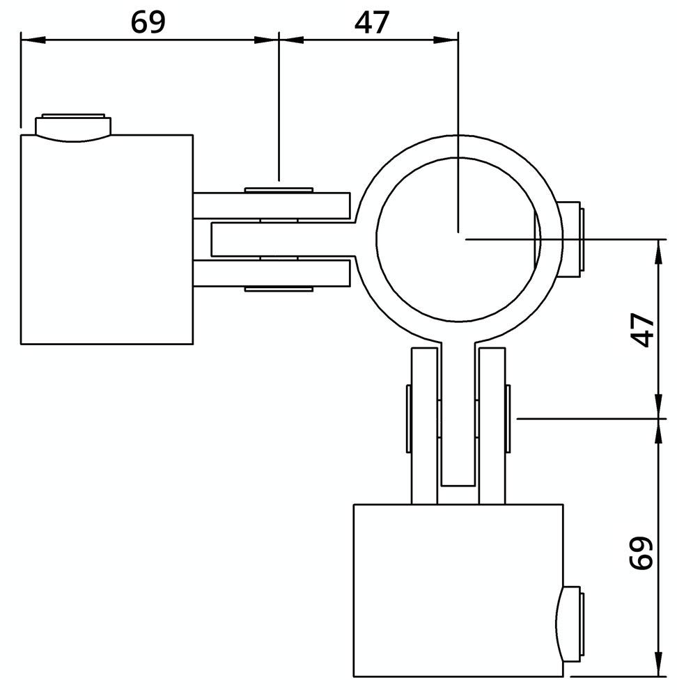 Fenau | Raccord de jonction/pièce de jonction, 90°, double, Ø 42.4 mm, raccord de tube, fonte malléable, galvanisé à chaud, vis incluses