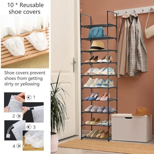5 Tier Stojak na buty z pokrytymi, Metalowy organizer, Space Saving Enty Storage Shelf na buty, łatwy montaż bez narzędzi, czarny