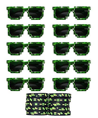 Gypsy Jade's 8-Bit Pixelated Sunglasses Birthday Party Favors (Set of 10 Pairs) with 10 Pixelated Wristbands Included - Party Bag Fillers for Miner Themed Parties