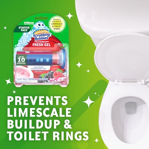 Image of Scrubbing Bubbles Fresh Gel Toilet Bowl Cleaning Stamps, Helps Keep Toilet Clean and Helps Prevent Limescale & Rings, Berry Burst Scent, 1 Dispenser with 6 Fresh Gel Stamps