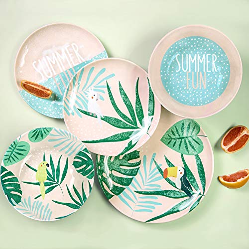 Image of Zak Designs Dinnerware Sets for Indoors and Outdoors, 12 Pieces Melamine Plastic Plate and Bowls for Dinnertime with Family (Summer Prints Pink Tropics)