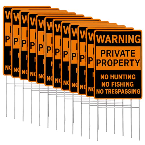 BrightRow 12 Pcs No Hunting No Trespassing Signs Private Property 8 x 12 Waring Signs with H-stake Metal Stakes for Outdoor Yard Warning Hunting Fishing Trapping Outdoor(Orange)