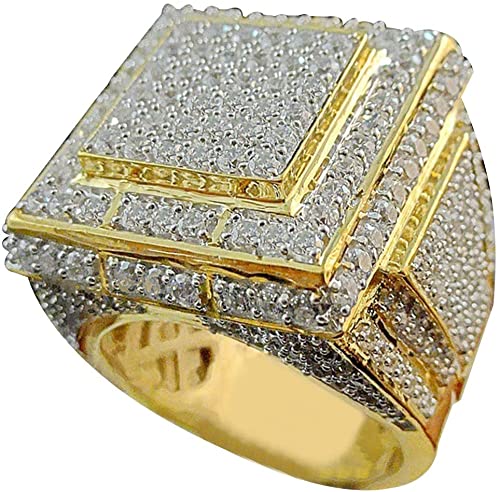 Men Fashion Big Square Hip Hop Full Micro Pave Iced Out Rings Jewelry Golden US 8 Stylish