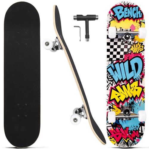 Image of Skateboards for Beginners Adults Youths Teens Kids Girls Boys 31 Inch Pro Complete Skate Boards 7 Layer Canadian Maple Double Kick Concave Longboards