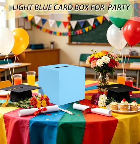Image of SietDESEO Light Blue Card Box with Slot Money Gift Card Box Holder for Party Wedding Reception Birthday Graduation Bridal Shower Baby Shower Diaper Raffle Box