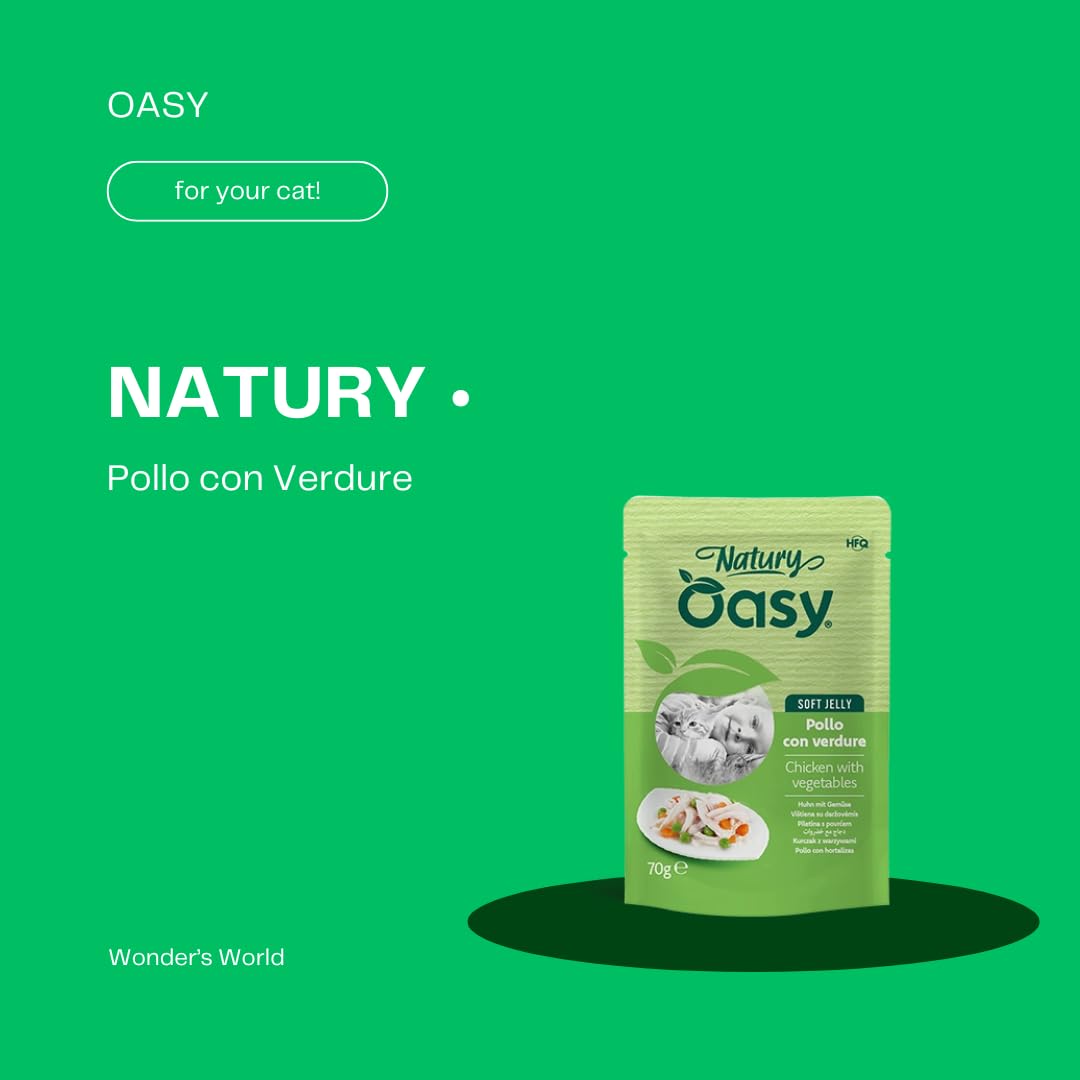OASY Gato Natural • Pollo con verduras | alimento húmedo complementario para gatos adultos, producto sin colorantes ni conservantes añadidos, en gelatina, 12 sobres de 70 gramos cada una.