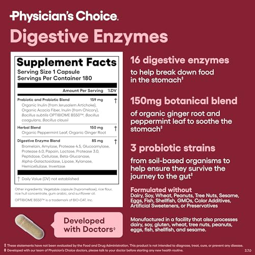 Image of Physician's CHOICE Digestive Enzymes for Bloating & Digestion - Fast-Acting 16 Enzyme Formula with Organic Prebiotics & Probiotics for Gut & Digestive Health - Meal Time Discomfort Relief - 180 CT
