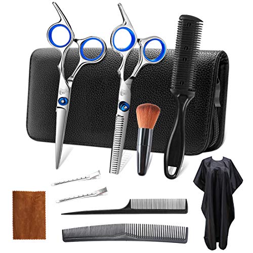 Beauty Forever 11Pcs Hair Cutting Scissors set, Professional Home Hairdressing Scissors Kit,Thinning Shears, Barber Scissors,Cape,Shears Kit in Leather Case for Home,Barber,Salon (Sliver and Blue)