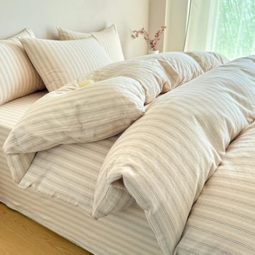 Image of PinkMemory Beige Striped Duvet Cover Set Queen 100% Washed Cotton Beige Wide and Pinstriped Pattern Bedding Duvet Cover Set with Streak Pillowcases-Ultra Soft Breathable Zipper Closure Corner Ties