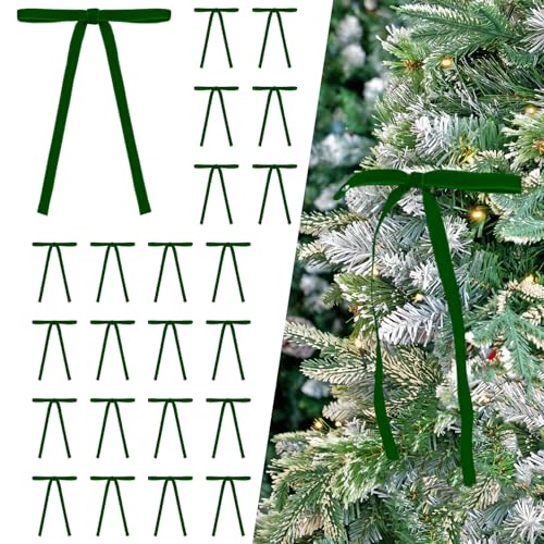 Image of 24 Pcs Green Velvet Bows Ornaments for Christmas Tree, Vintage Rustic Elegant Velvet Christmas Bows Tree Decorations, Indoor Home Decor for Wreath Mantle Gift Wrap Holiday Decor, 3 /8'' W, 5 * 7 inch