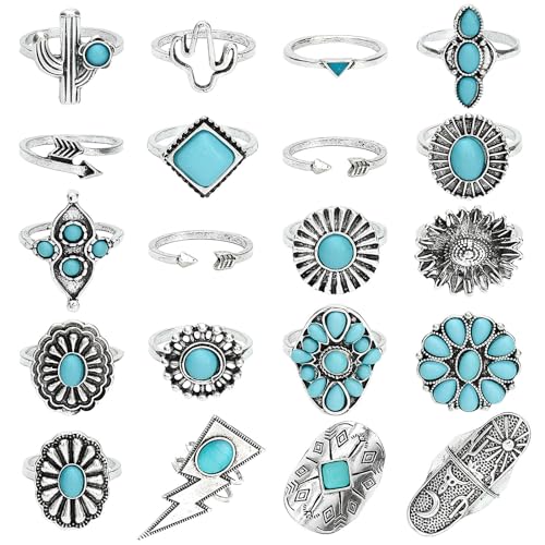 NEWITIN 20 Pieces Turquoise Rings for Women Western Ring Vintage Silver Knuckle Ring Set Bohemian Oval Gemstone Stackable Rings Trendy Turquoise Jewelry for Women