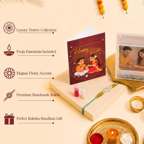 Image of Art Street Rakhi Gift Hamper with Personalized Glitter Photo Frame, with Lotus Designer Floral Rakhi, Greeting Card, Roli Chawal & Decorative Tea Light Holder | Raksha Bandhan Gift for Brother