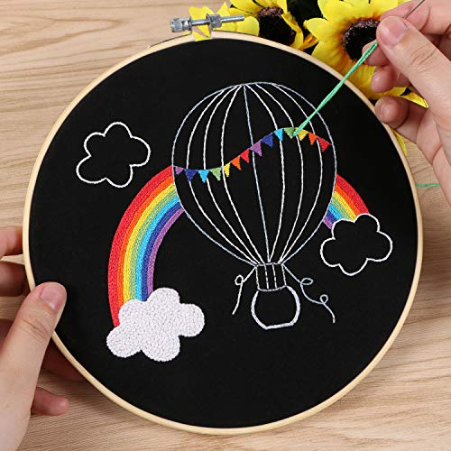 Full Range of Embroidery Starter Kit with Pattern, Kissbuty Cross Stitch Kit Including Embroidery Cloth with Pattern, Bamboo Embroidery Hoop, Color Threads and Tools Kit (Rainbow Hot Air Balloon)