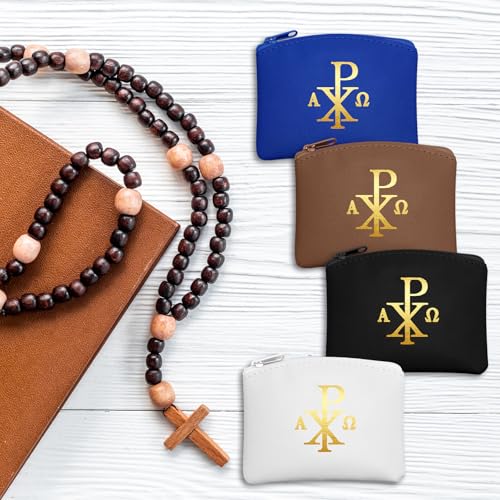 Image of Dansydaisy 4 Pcs Rosary Pouch Catholic with Gold Cross PU Leather Rosary Case for Women and Men Coin Purses Holder Zipper Bag for Travel Christmas, 4 Colors(Vintage Colors,Chi Rho)