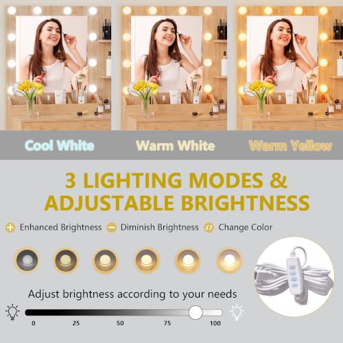 Image of Vanity Desk with Mirror and Lights, Makeup Vanity Table Set with 5 Storage Drawers, Power Outlet & Chair, Small Dressing Table with RGB Ambient Light, Adjustable Brightness for Girls Bedroom, Oak