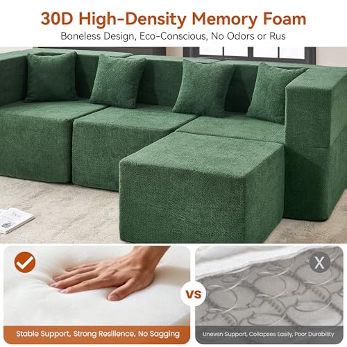 Image of MONVANE 103'' Modular Sectional Sofa, Comfy Teddy Velvet Cloud Couch with Ottoman, Modern Convertible L Shaped Couch with Deep Seat, Sectional Couches for Living Room, Bedroom and Apartment, Green