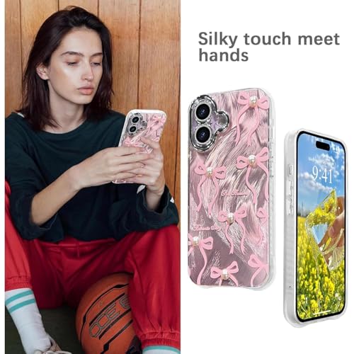 Image of VONZEE Compatible with iPhone 16 Case Luxury Pink Girly Cute 3D Bow Pearl Glitter Bling Case with Full Camera Protection Shockproof PC+TPU Glossy Shiny Cover for Girls Women, Pink