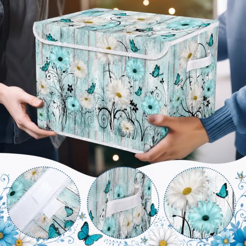 Image of Briwooody Blue Daisy Storage Bin with Lid and Carrying Handle Floral Butterfly Foldable Storage Box Large Farmhouse Decorative Collapsible Container Basket for Organizing Closet Home Bedroom Gift