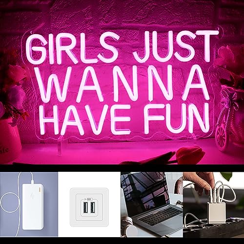Image of Girls Just Wanna Have Fun Neon Sign for Wall Decor, Retro Style Pink LED Neon Signs, Wedding Party Girl Neon Light Sign,USB Powered for Teen Bedroom Aesthetic Wedding Party Christmas Birthday