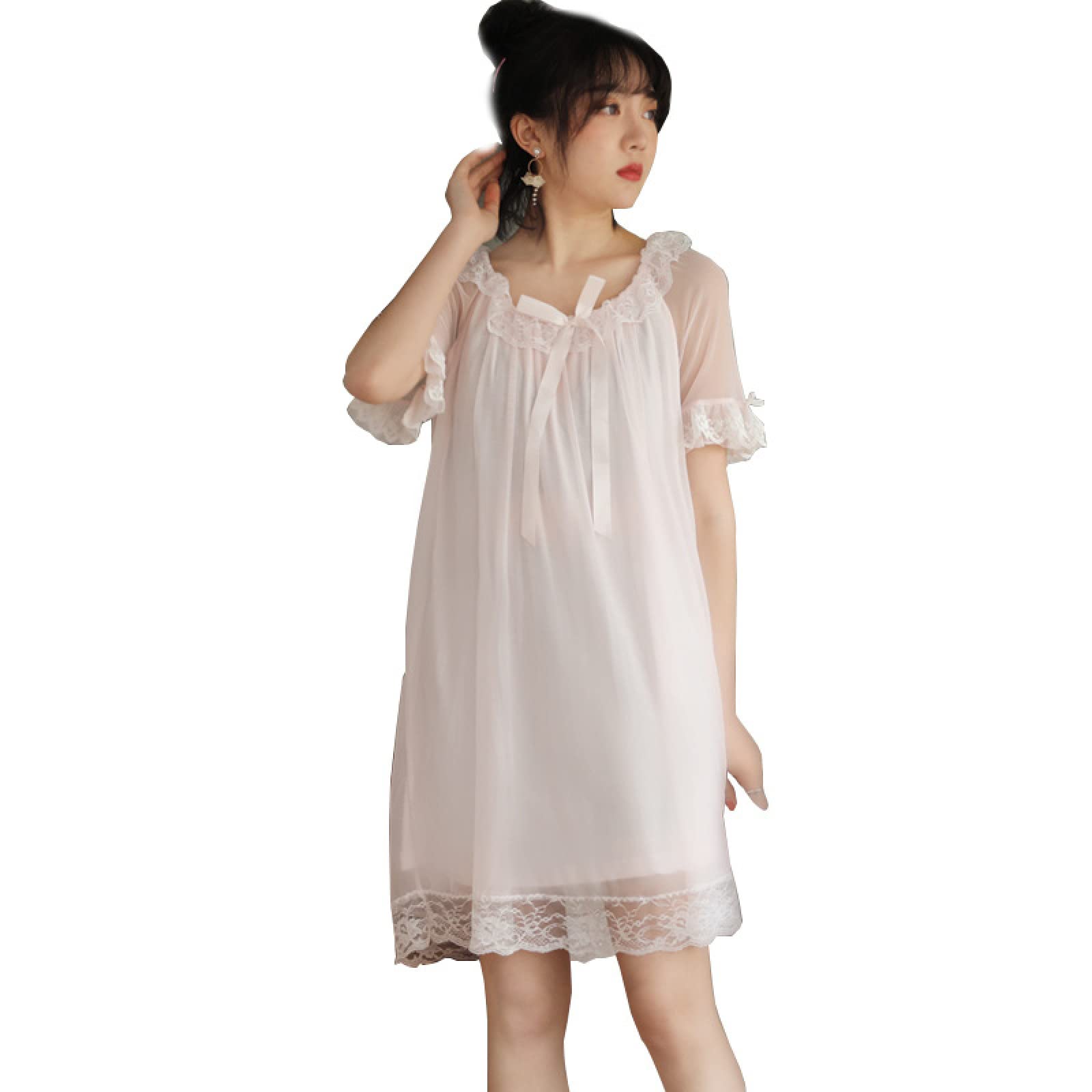 OFFSUM Camicia da Notte Donna - Camicia da Notte da Principessa con Fiocco in Pizzo A Rete Estiva con Scollo Tondo Camicia da Notte da Notte Elegante con Ricamo di Media Lunghezza