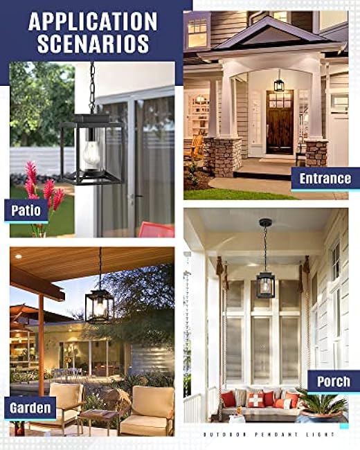 Outdoor Pendant Light for Porch, 1-Light Black Hanging Porch Light Modern Exterior Hanging Lantern with Cylinder Glass and Adjustable Chain for Gazebo, 2353/1H