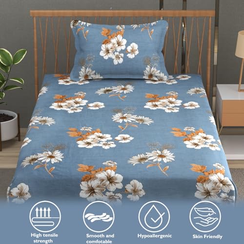Image of FRESH FROM LOOM Floral Print Single Bed Bedsheet Set - Microfiber, 240 TC, Hypoallergenic, Includes 1 Pillow Covers (60 x 90 inch| Denim, Floral Design, Multicolor)