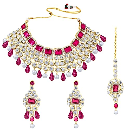 Image of Peora Crystal Choker Necklace with Maang Tikka Earrings Indian Traditional Bridal Wedding Jewellery Set for Women