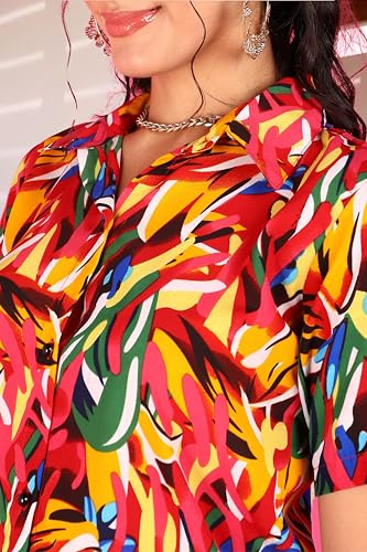 Image of POPWINGS Casual Floral Printed Monochrome Crop Shirt and Trouser Co-Ords Set for Women | Top and Bottom Set for Women |Printed Shirt and Trousers Set | Women Collar Shirt and Trousers Set Summer Wear