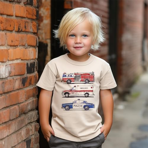 Kids Rescue Vehicles Shirt - Police Car, Ambulance, Fire Truck Shirts For Boys And Girls Natural Toddler & Youth Graphic Tee3