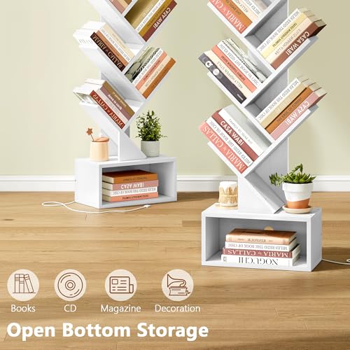 Image of Hoctieon 6 Tier Tree Bookshelf, Tall Bookcase with Drawer, Freestanding Book Shelf with LED Lights, Display Floor Standing Storage Shelf, Book Organizer Shelves for Home Office, Living Room, White