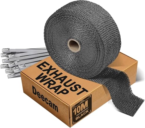 10M Exhaust Heat Wrap, Deecam Car Heat Wrap Roll, Glass Fiber Exhaust Tape Bandage, with 10 Pcs Self-Locking Stainless Steel Cable Ties, Used for Motorcycle Car Pipe Insulation (Black)