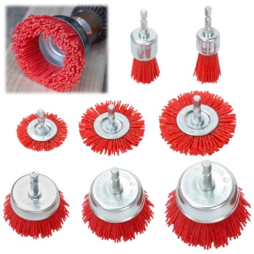 8 Pack Nylon Filament Abrasive Wire Brush Wheel & Cup Brush Set with 1/4 Inch Hex Shank, 5 Sizes Nylon Drill Brush Set for Steel Rust Removing, Grill Cleaning, Flaking Paint Refinishing