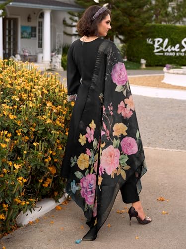 Image of INDO ERA Women's Anarkali Pure Cotton Floral Printed Embroidered Kurta & Pant with Dupatta Set (IEOUT10688)