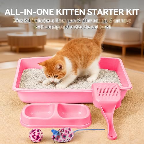 PAWISE Small Cat Litter Box Kit for Kittens – 5‑Piece Kit with Low Entry Litter Pan, Scooper, Feeding Bowls & Mouse Toy – Cat Starter Set for New Kitty Home, Pink - Image 4