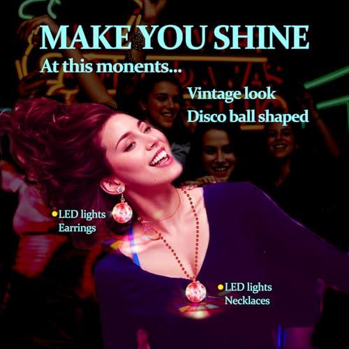 JICASTO LED Disco Ball Earrings and Necklaces, 2 Pcs 70s 80s Light up Disco Ball Set for Disco Party Favors Dance Accessories Women Halloween Costume (Red) by JICASTO - Image 6