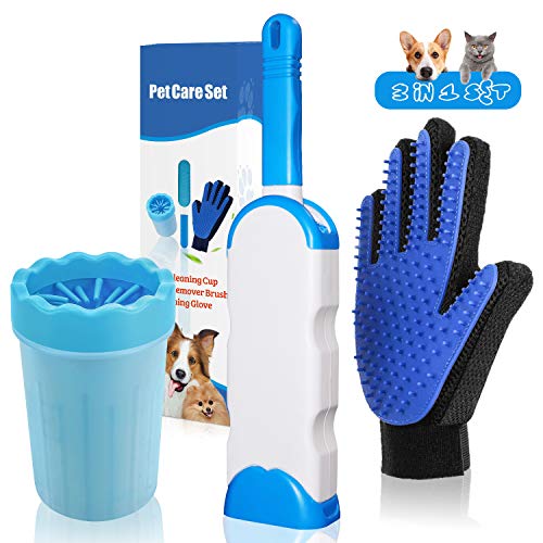 Pet Hair Remover Lint Roller- Pet Grooming Glove & Paw Cleaner Washer - Pet Fur & Lint Removal Brush - Deshedding Mitt for Dog Cat Horse Rabbit with Long Short Fur