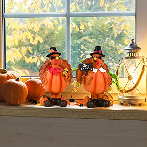 ALLADINBOX Standing Turkey Couple Thanksgiving Decorations, 2 Pack Resin Turkeys Give Thanks Autumn Fall Tabletop Decor Figurine Decorative Centerpieces Harvest Home Ornament - Image 3
