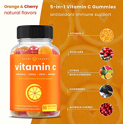 Vitamin C Gummies For Adults & Kids | 5-In-1 Immune System Support With Elderberry, Rosehips, Citrus Bioflavonoids & Acerola Cherry | Vegan Non-Gmo Vit C Immunity Booster Supplement Chewable Gummy #TOP3