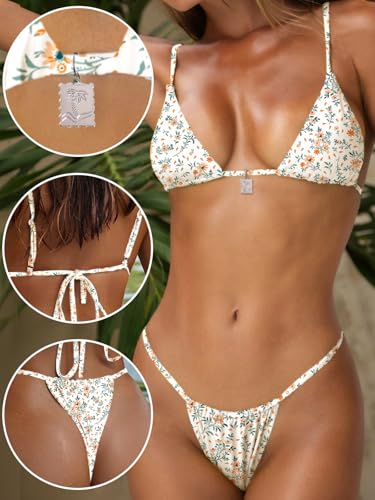 Image of OWICA Women's Sexy Triangle Bikini Sets Cheeky Thong Swimsuit Adjustable Spaghetti Straps Bathing Suit