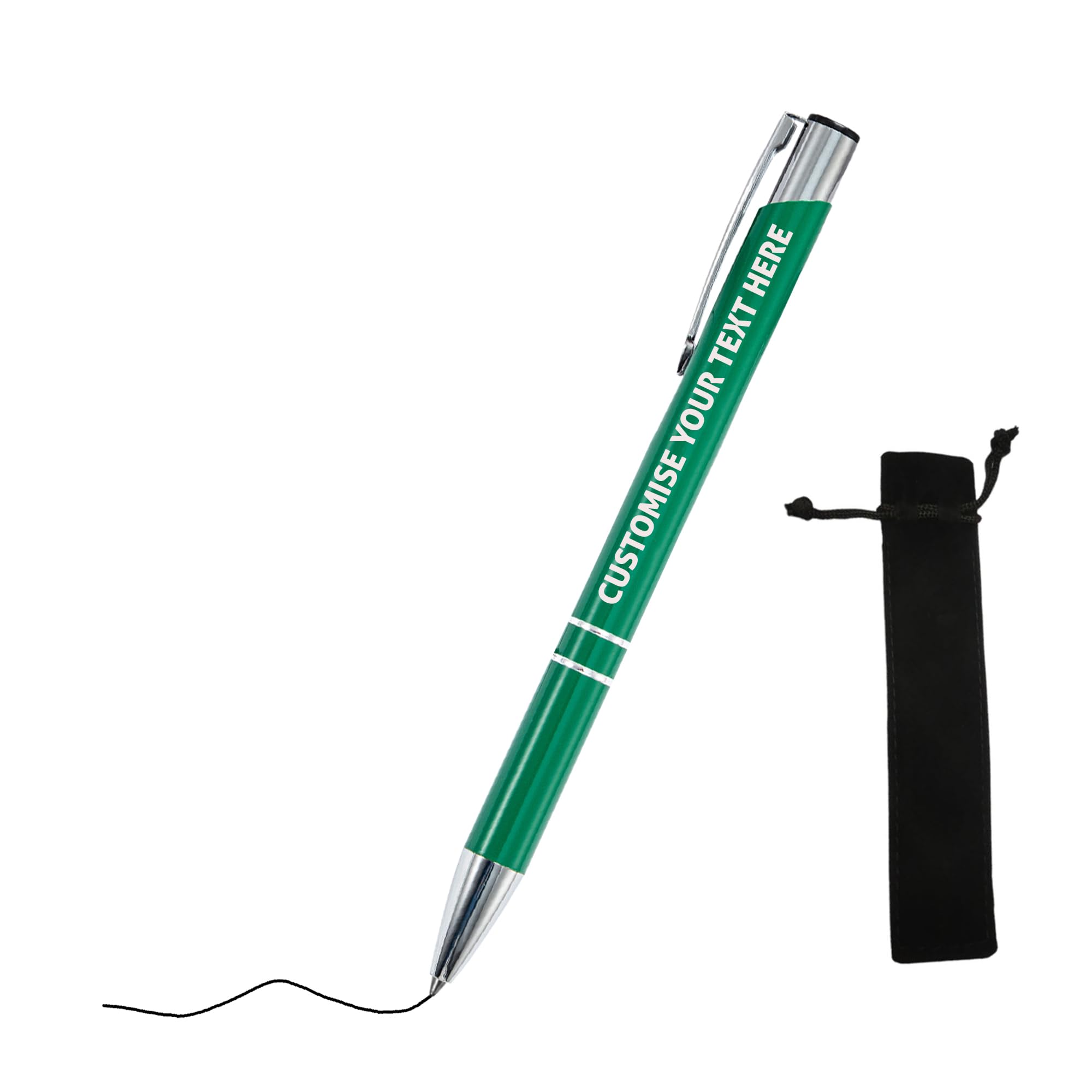Trimming Shop Personalised Ballpoint Pen with Black Pouch | Customised with Your Name or Message | Black Ink Medium Point Refillable Pen for Men Women Business promotion Wedding Gift (Dark Green)